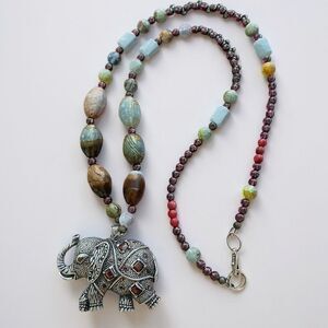 Vintage Agathe Silver Toned Elephant Pendant with Necklace Multicolor Gemstone